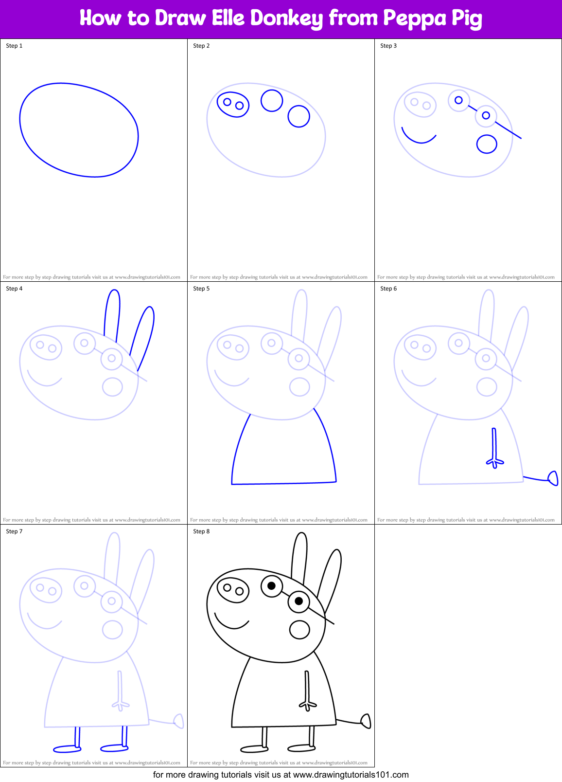 How to Draw Elle Donkey from Peppa Pig Printable Step by Step
