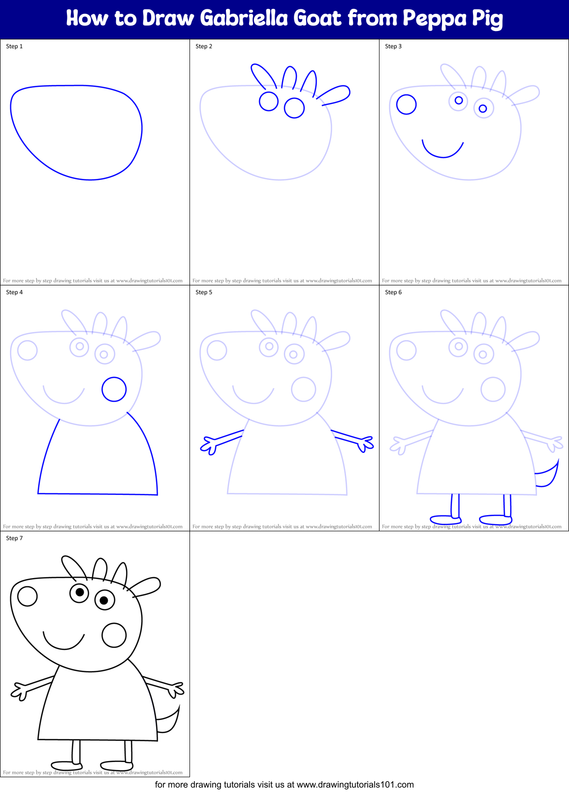 How to Draw Gabriella Goat from Peppa Pig Printable Step by Step