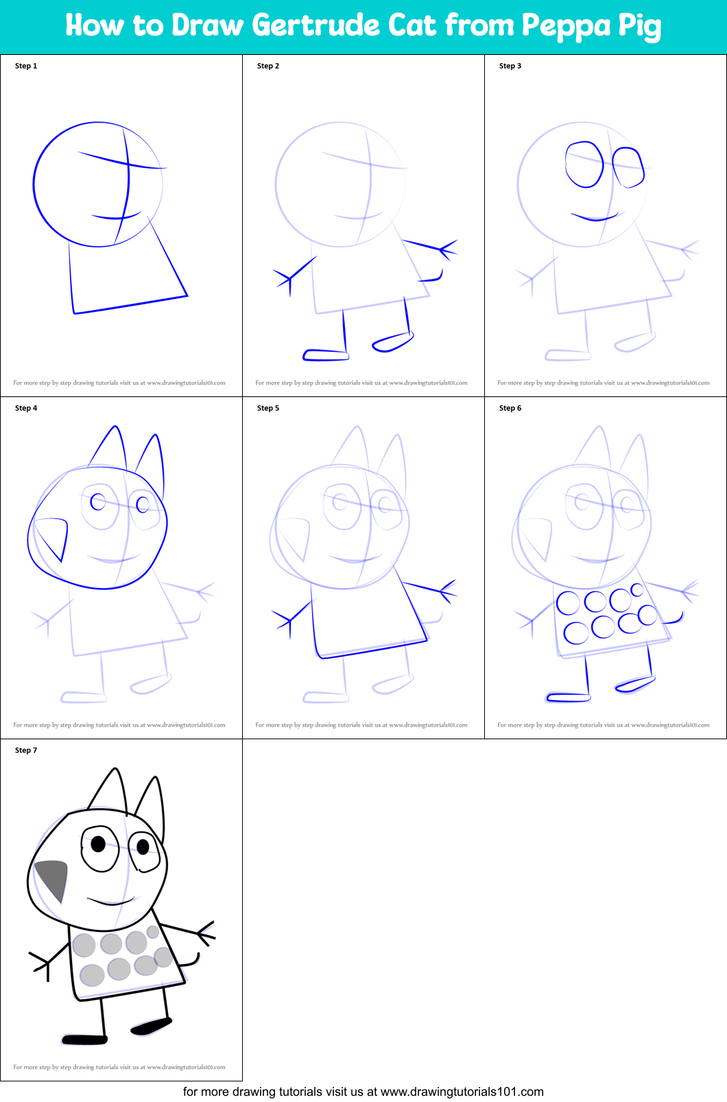 How to Draw Gertrude Cat from Peppa Pig Printable Step by Step