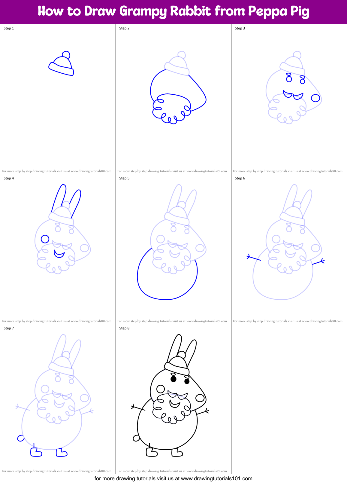 How to Draw Grampy Rabbit from Peppa Pig Printable Step by Step