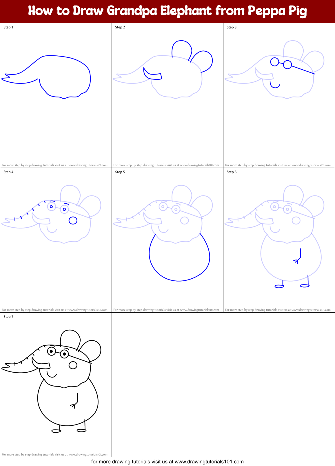 How to Draw Grandpa Elephant from Peppa Pig Printable Step by Step