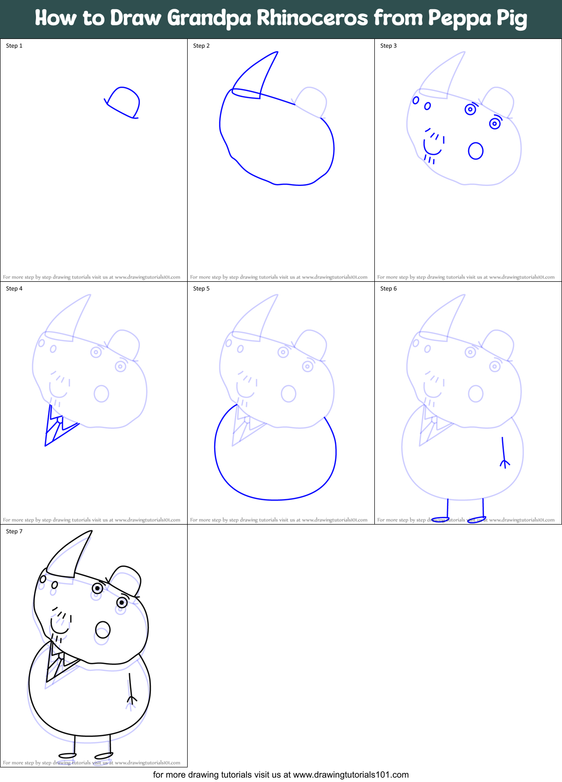 How to Draw Grandpa Rhinoceros from Peppa Pig Printable Step by Step
