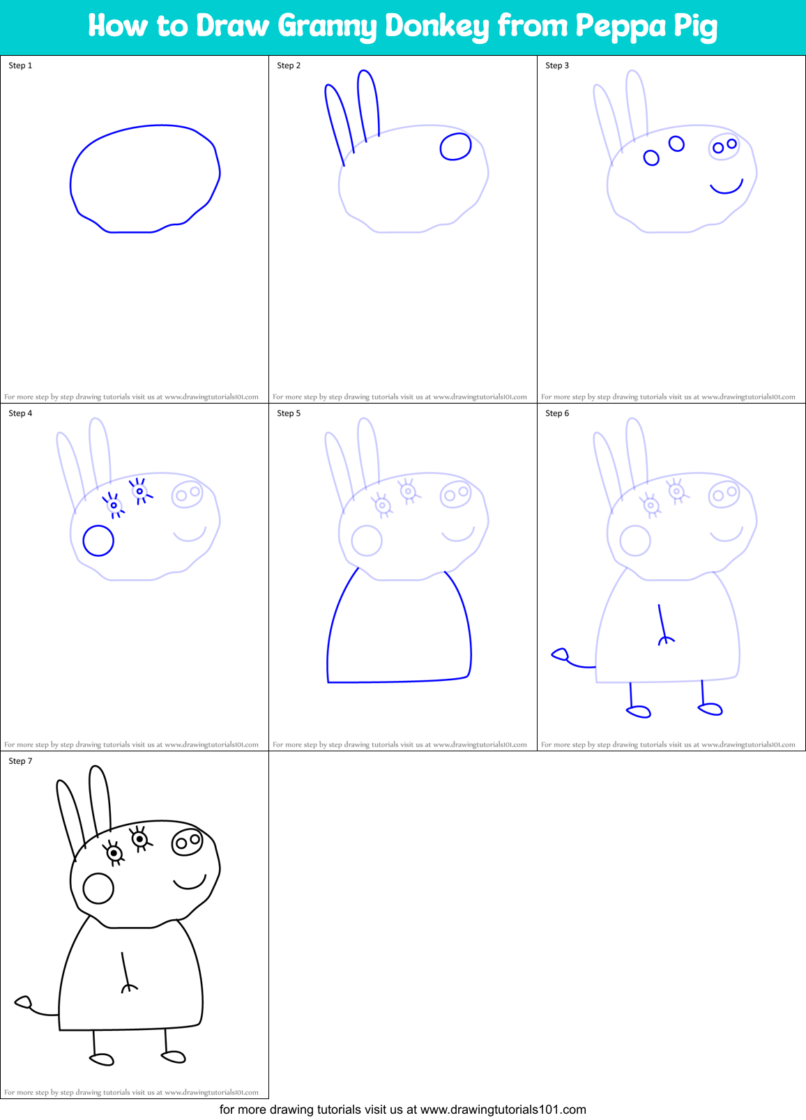 How to Draw Granny Donkey from Peppa Pig Printable Step by Step