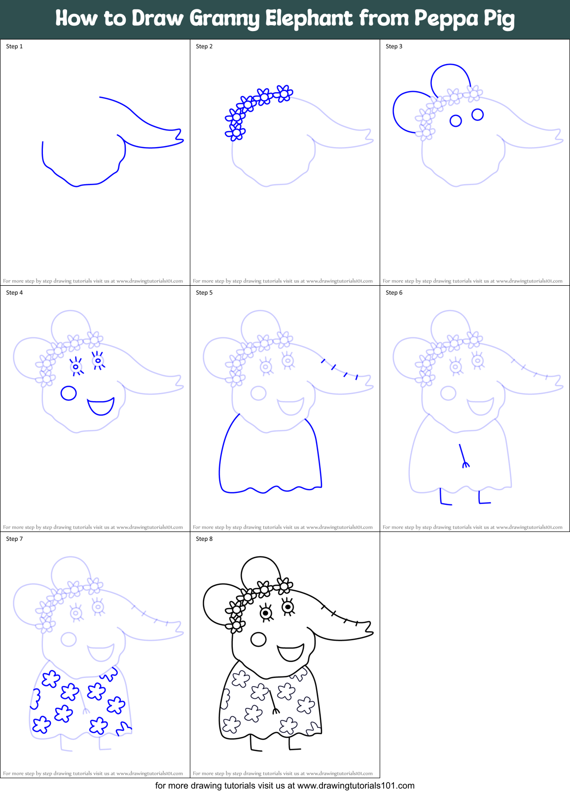 How to Draw Granny Elephant from Peppa Pig Printable Step by Step