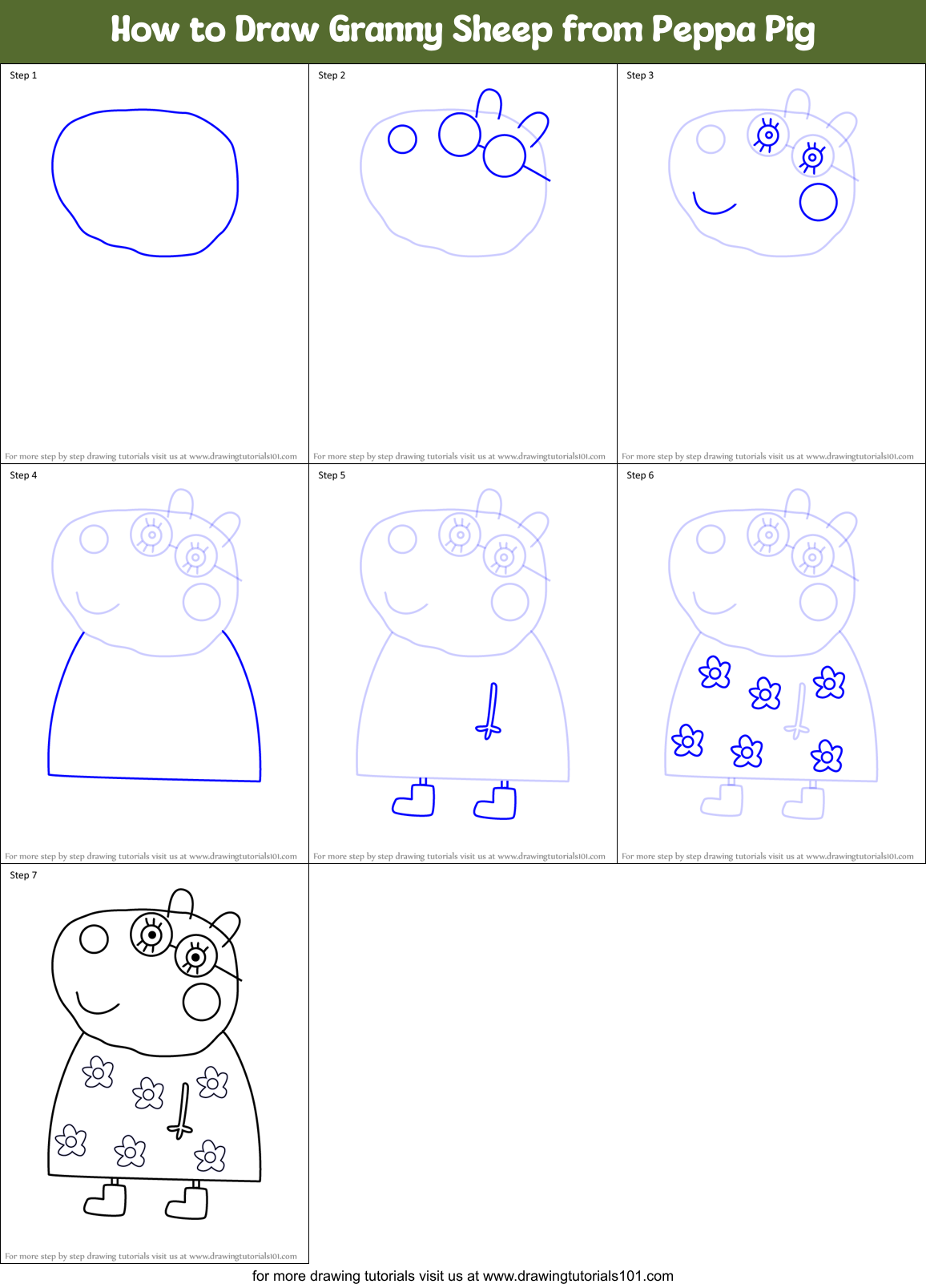 How to Draw Granny Sheep from Peppa Pig Printable Step by Step