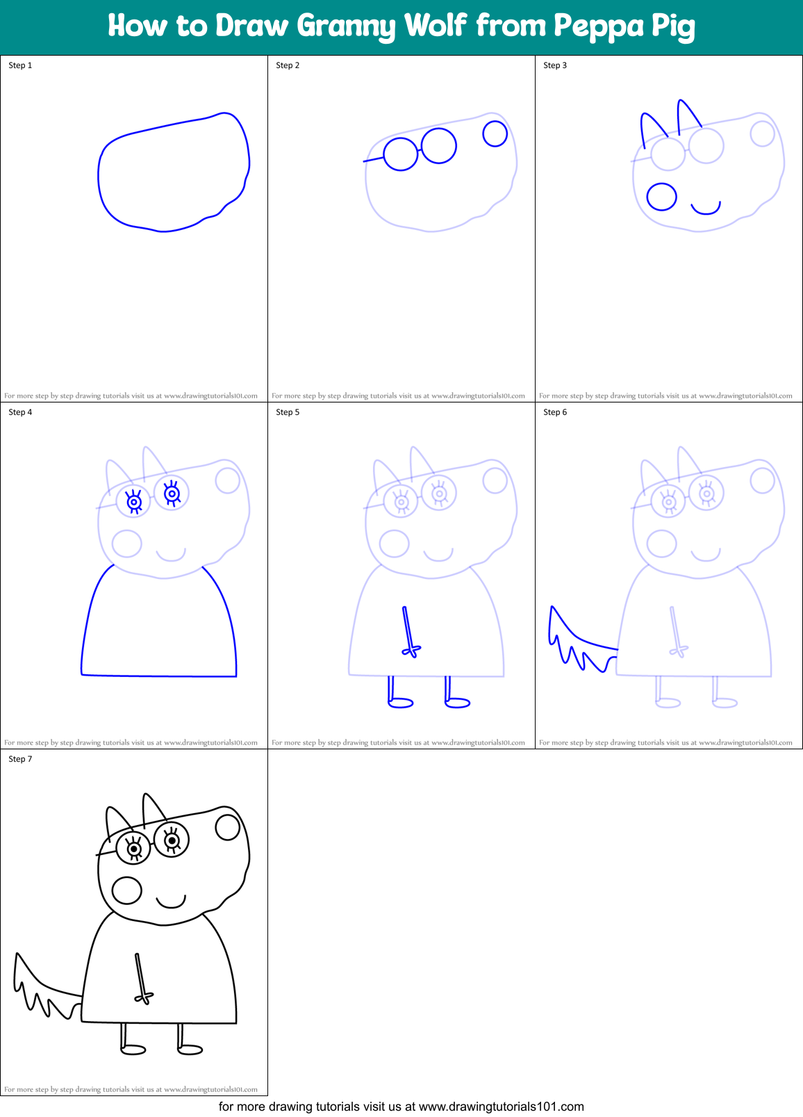 How to Draw Granny Wolf from Peppa Pig Printable Step by Step