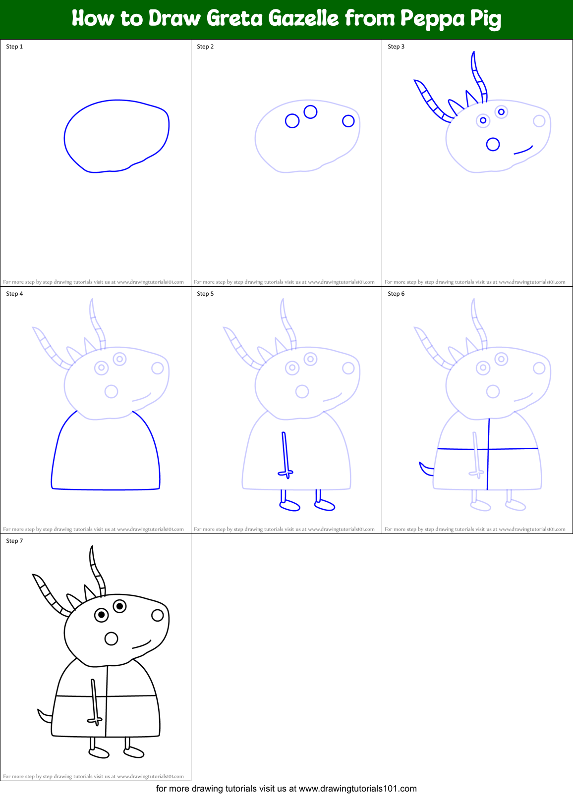 How to Draw Greta Gazelle from Peppa Pig Printable Step by Step