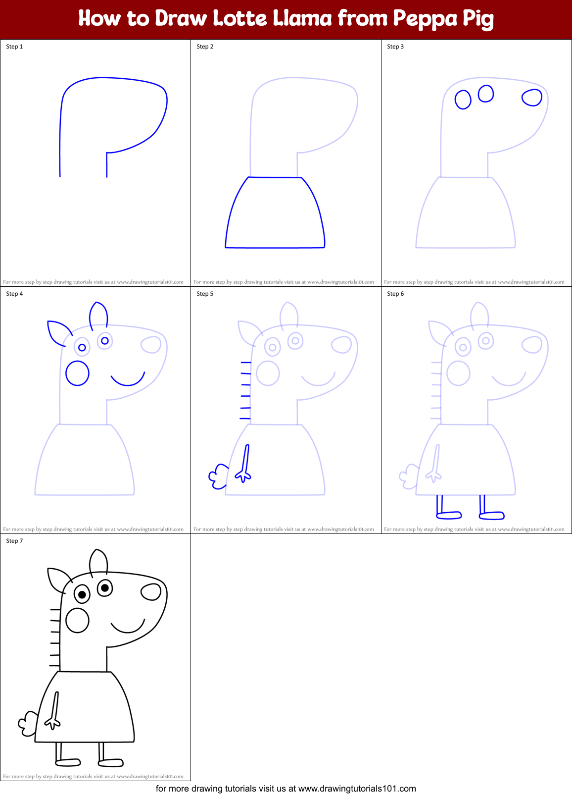 How to Draw Lotte Llama from Peppa Pig Printable Step by Step