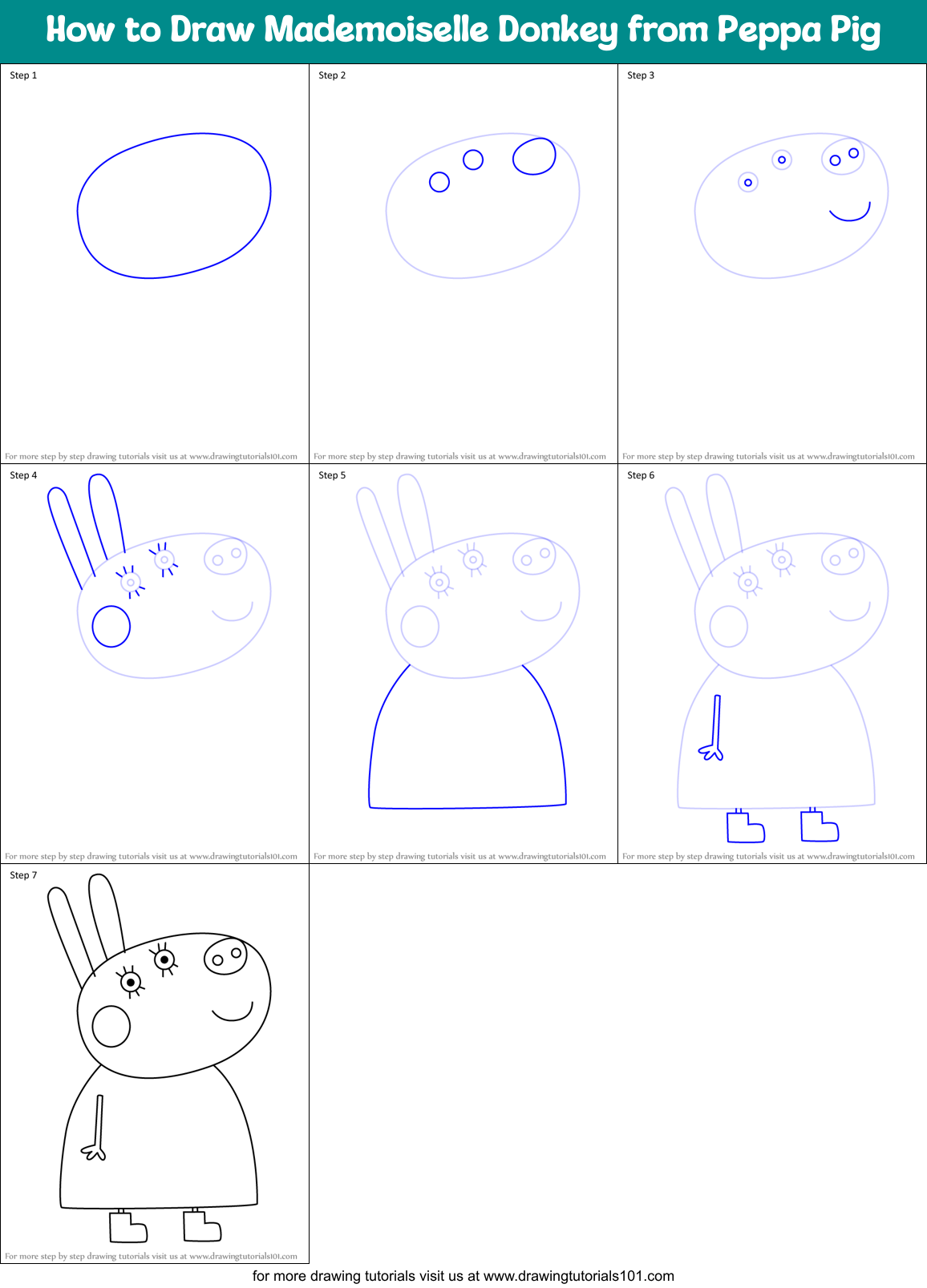 How to Draw Mademoiselle Donkey from Peppa Pig Printable Step by Step