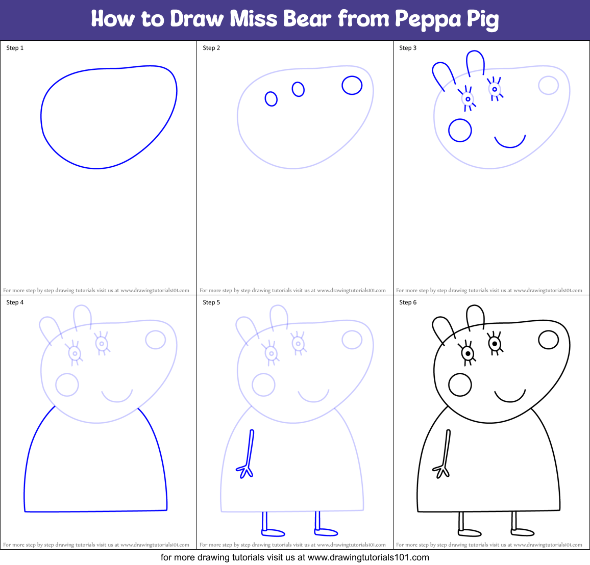 How to Draw Miss Bear from Peppa Pig Printable Step by Step