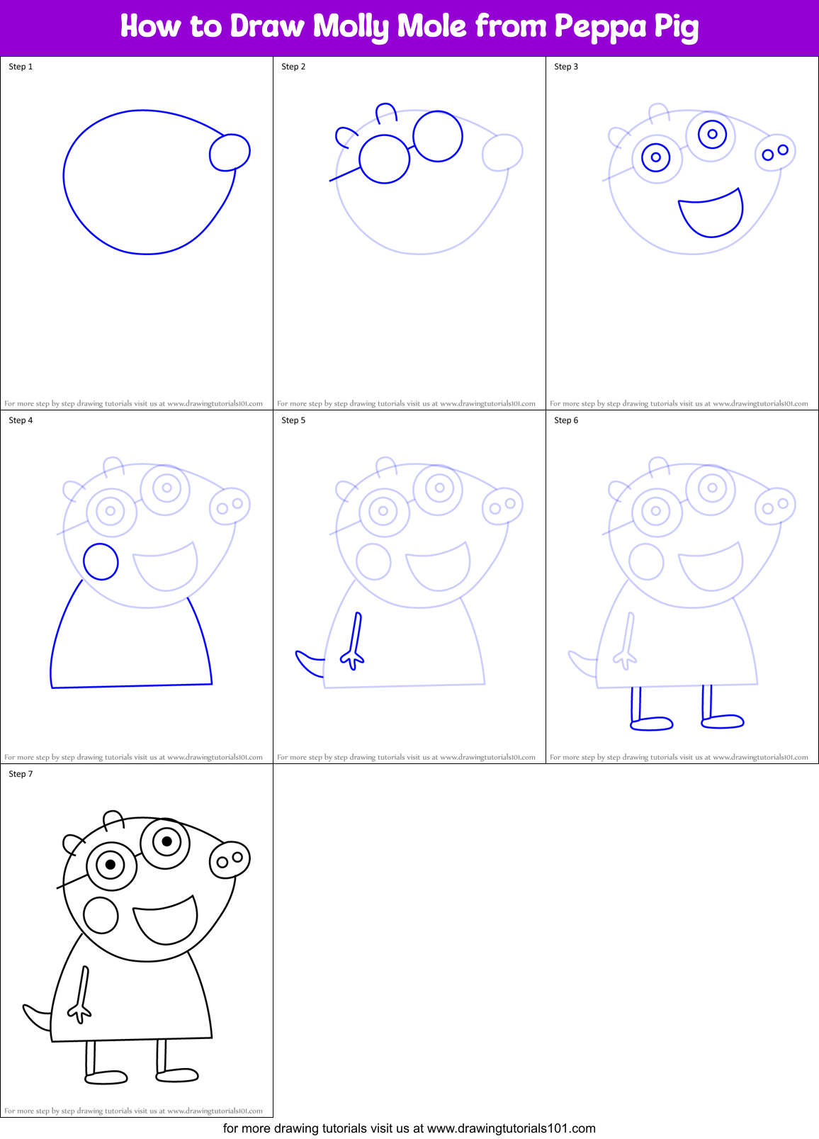 How to Draw Molly Mole from Peppa Pig Printable Step by Step