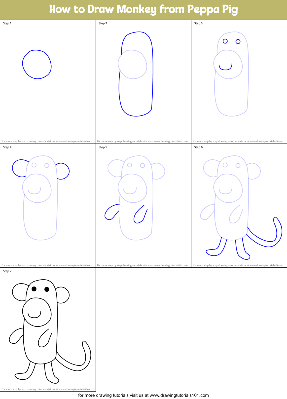 How to Draw Monkey from Peppa Pig Printable Step by Step