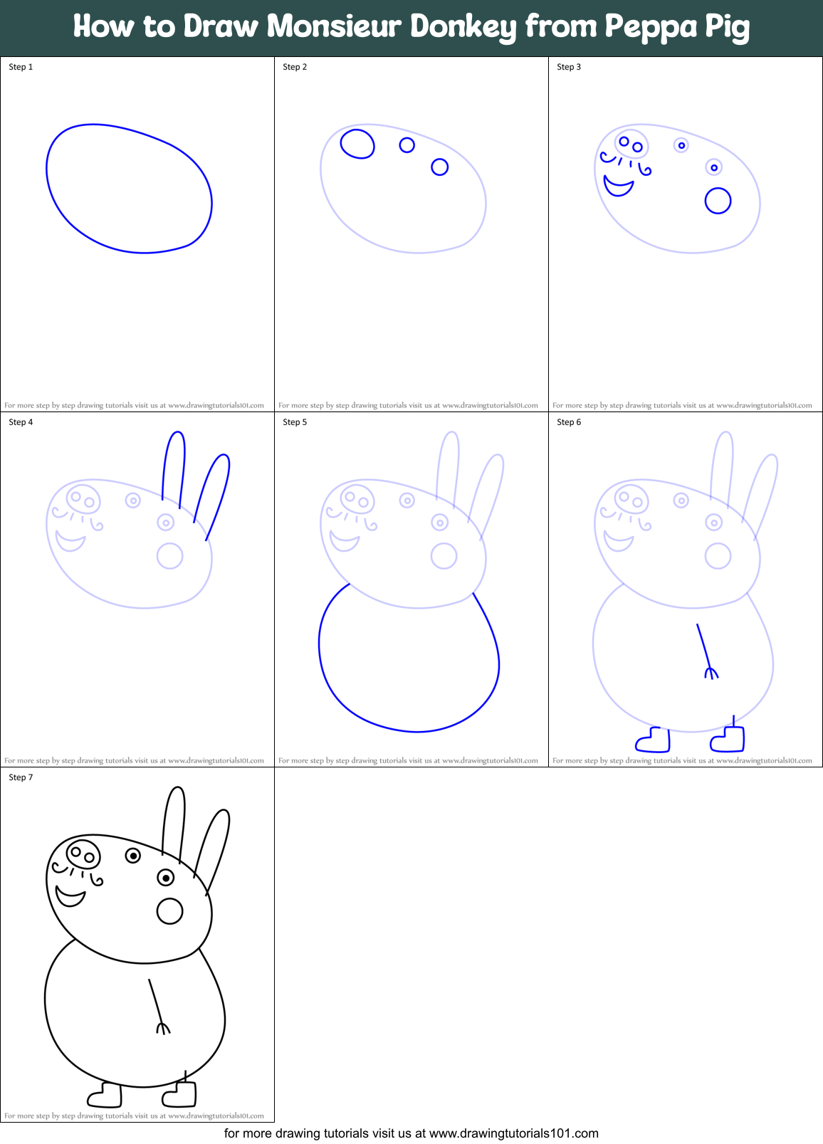 How to Draw Monsieur Donkey from Peppa Pig Printable Step by Step