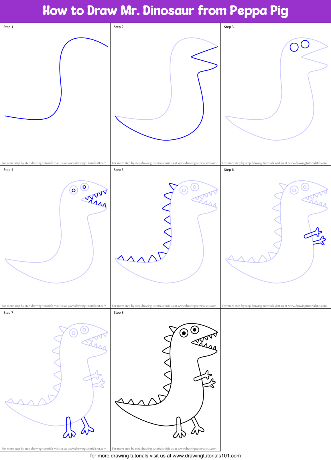 How to Draw Mr. Dinosaur from Peppa Pig Printable Step by Step