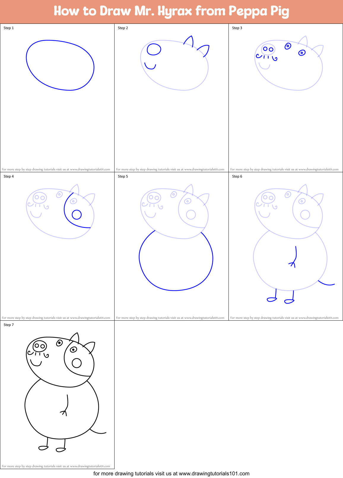 How to Draw Mr. Hyrax from Peppa Pig Printable Step by Step