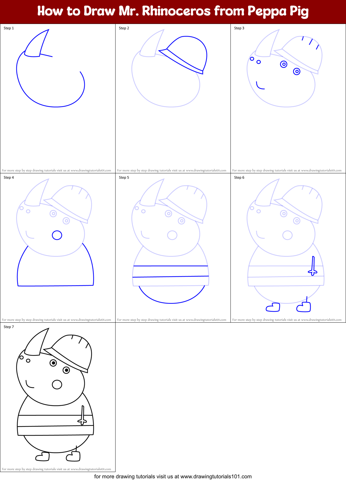 How to Draw Mr. Rhinoceros from Peppa Pig Printable Step by Step