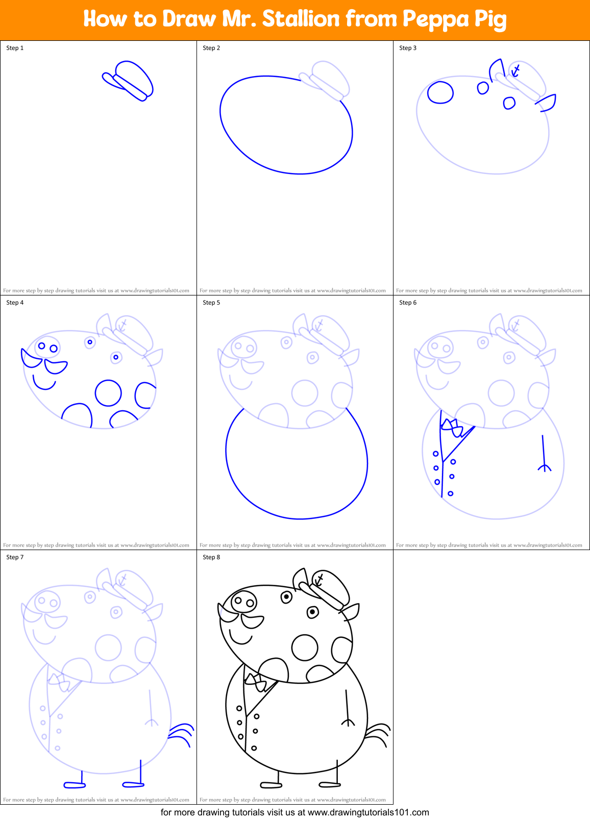 How to Draw Mr. Stallion from Peppa Pig Printable Step by Step
