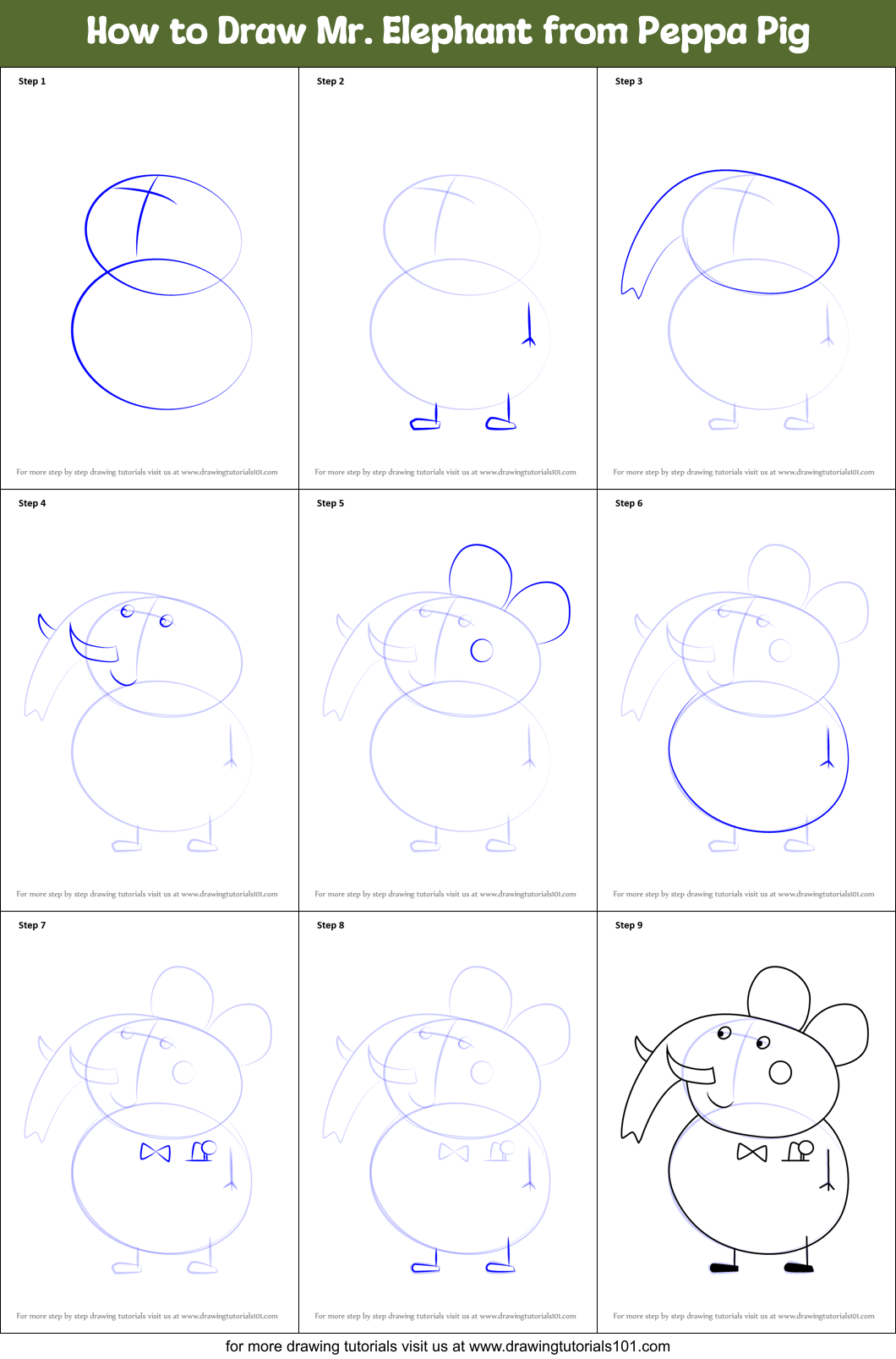 How to Draw Mr. Elephant from Peppa Pig Printable Step by Step