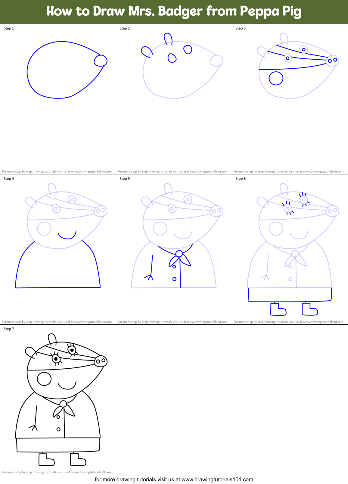 How to Draw Mrs. Badger from Peppa Pig Printable Step by Step