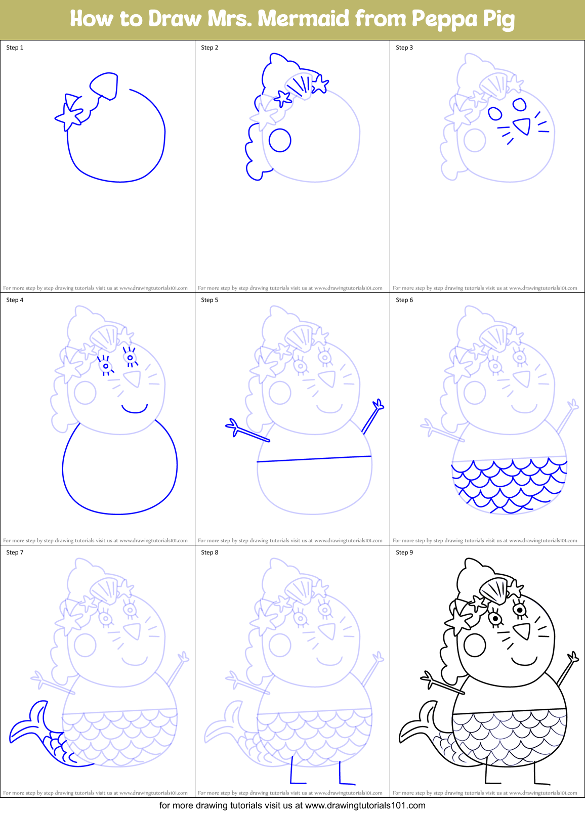 How to Draw Mrs. Mermaid from Peppa Pig Printable Step by Step