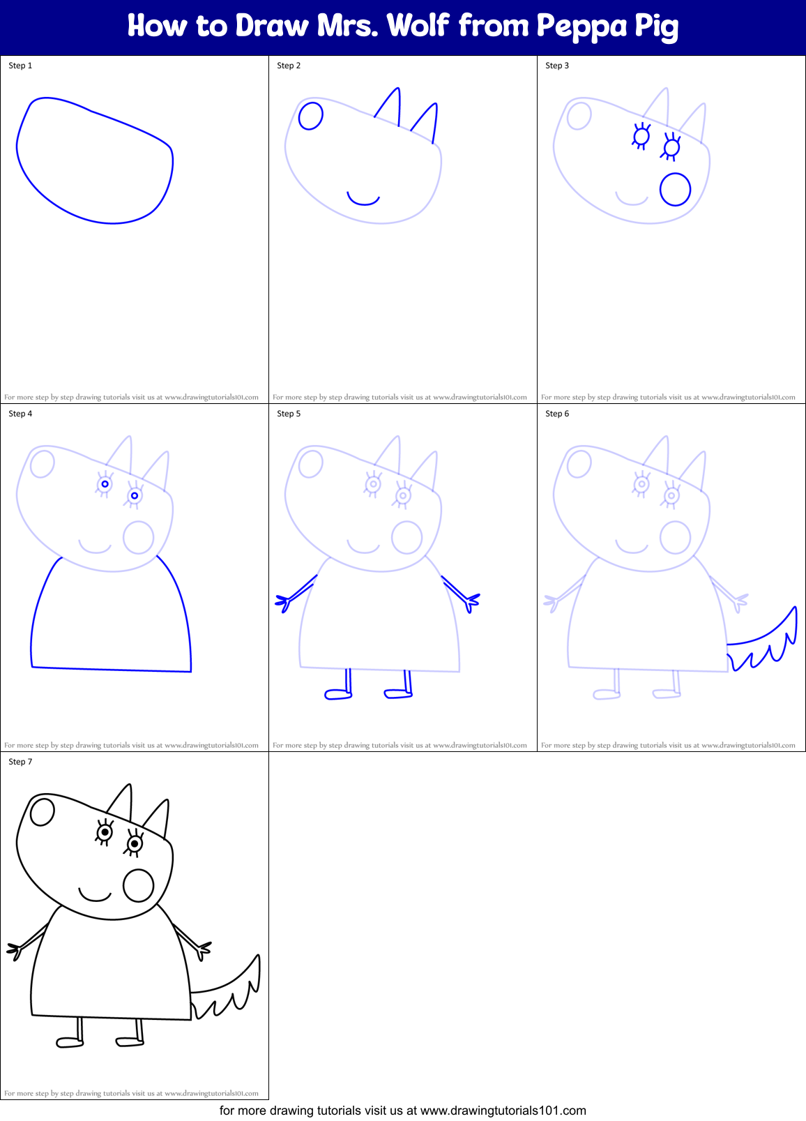 How to Draw Mrs. Wolf from Peppa Pig Printable Step by Step