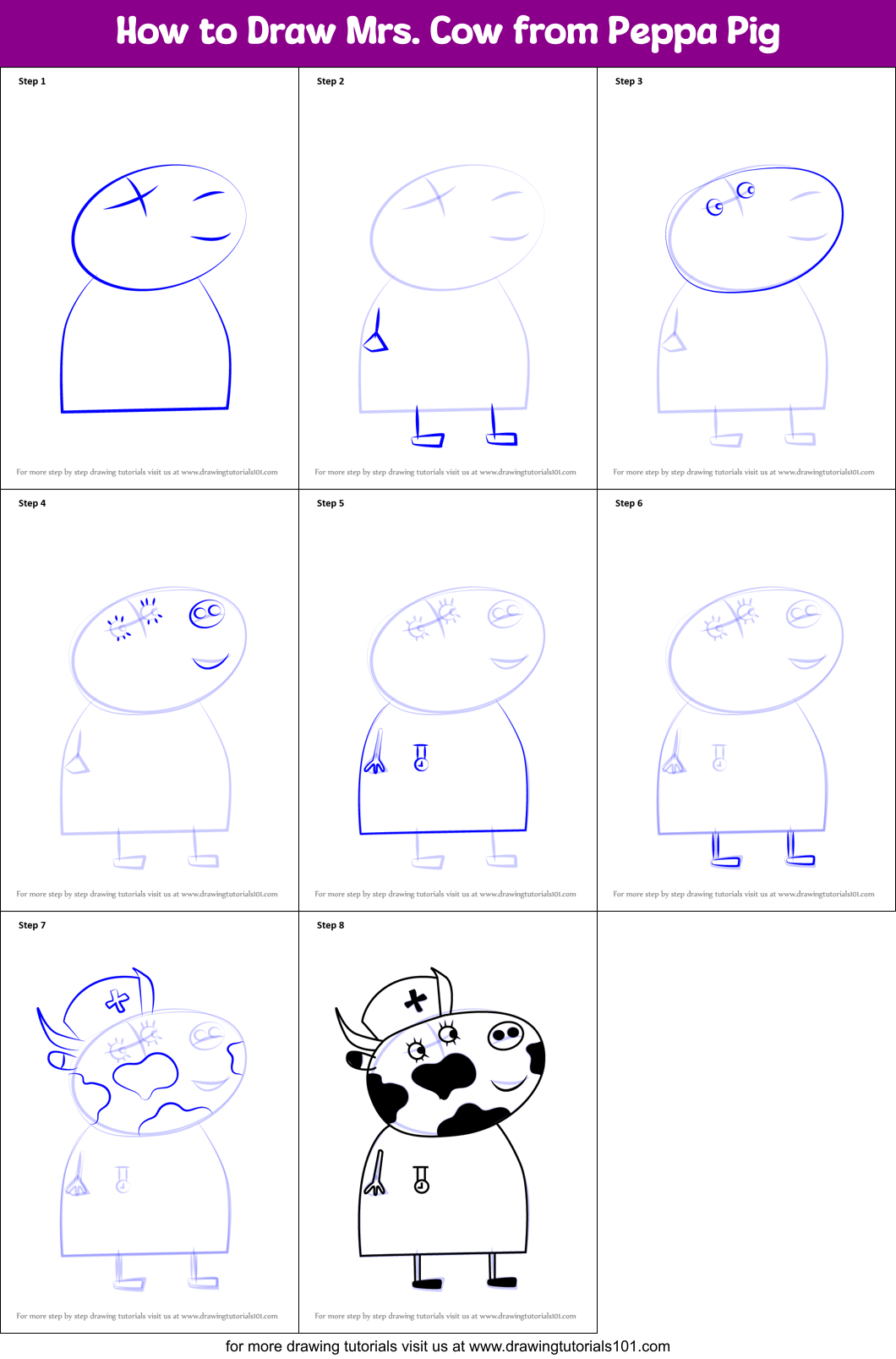 How to Draw Mrs. Cow from Peppa Pig Printable Step by Step