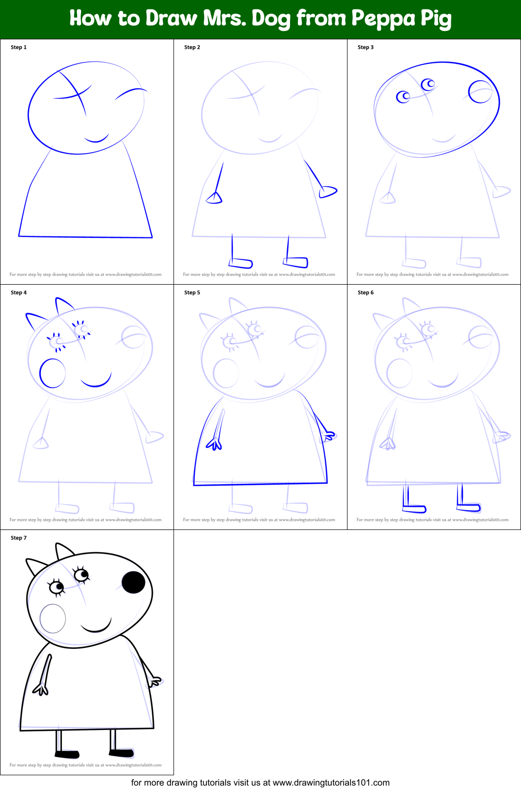 How to Draw Mrs. Dog from Peppa Pig Printable Step by Step