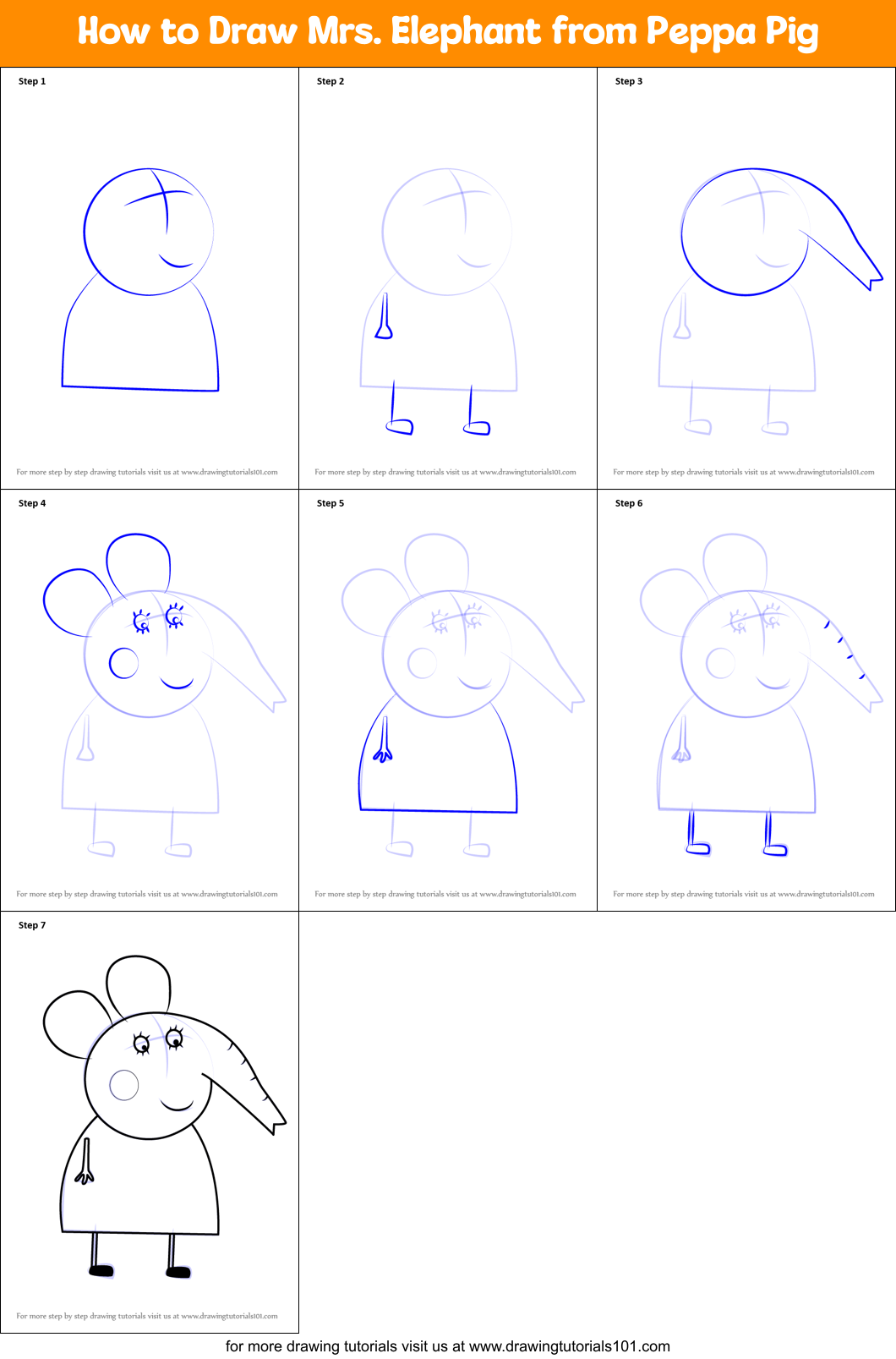How to Draw Mrs. Elephant from Peppa Pig Printable Step by Step