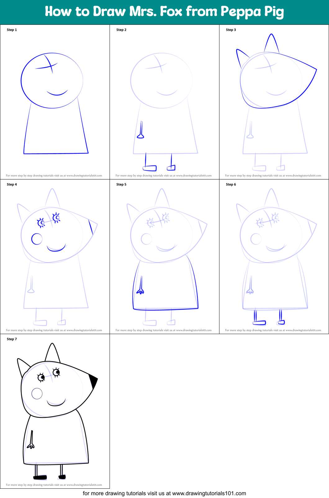 How to Draw Mrs. Fox from Peppa Pig Printable Step by Step