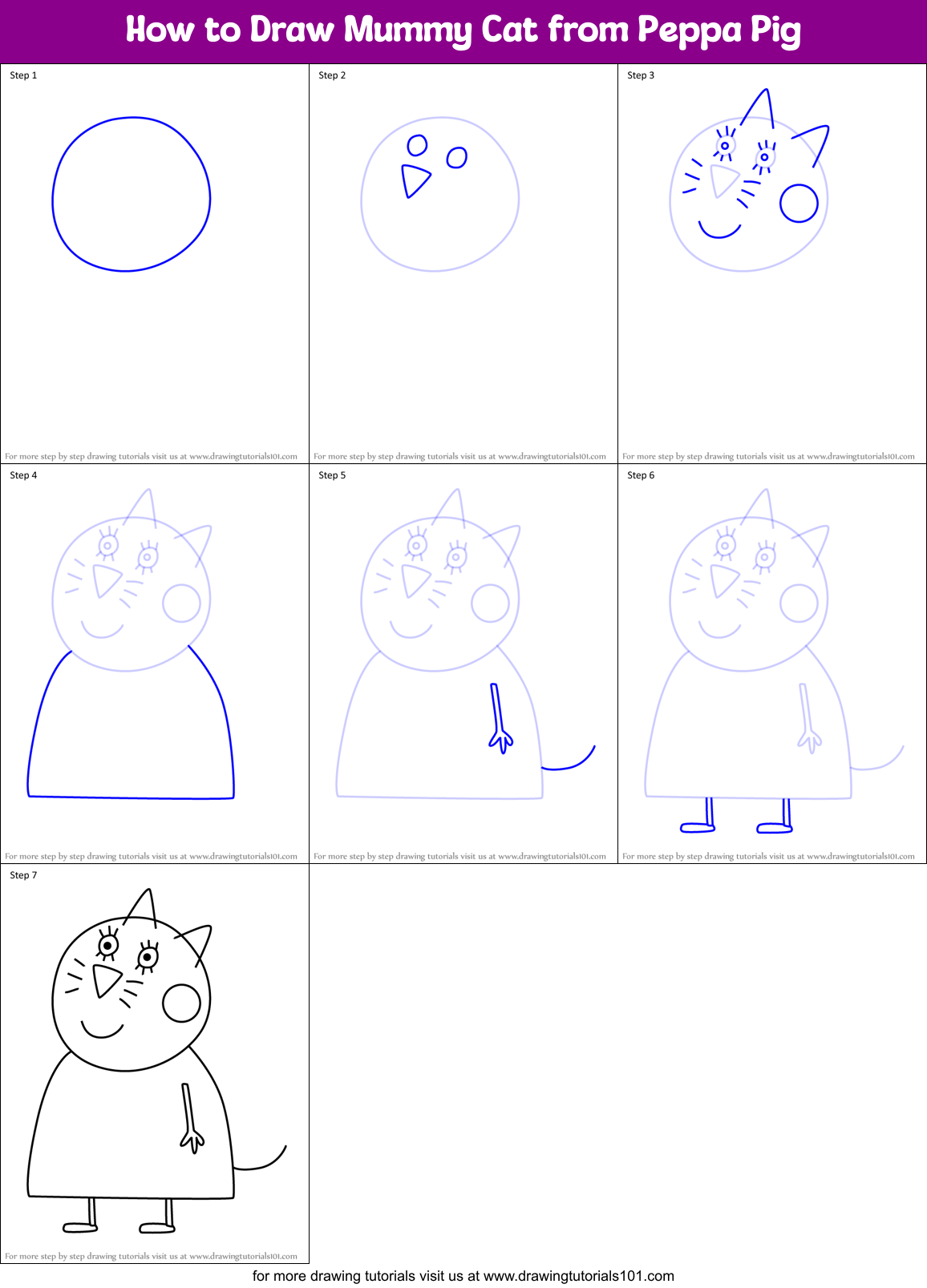 How to Draw Mummy Cat from Peppa Pig Printable Step by Step