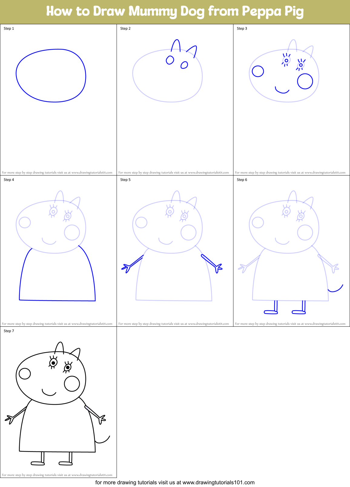 How to Draw Mummy Dog from Peppa Pig Printable Step by Step