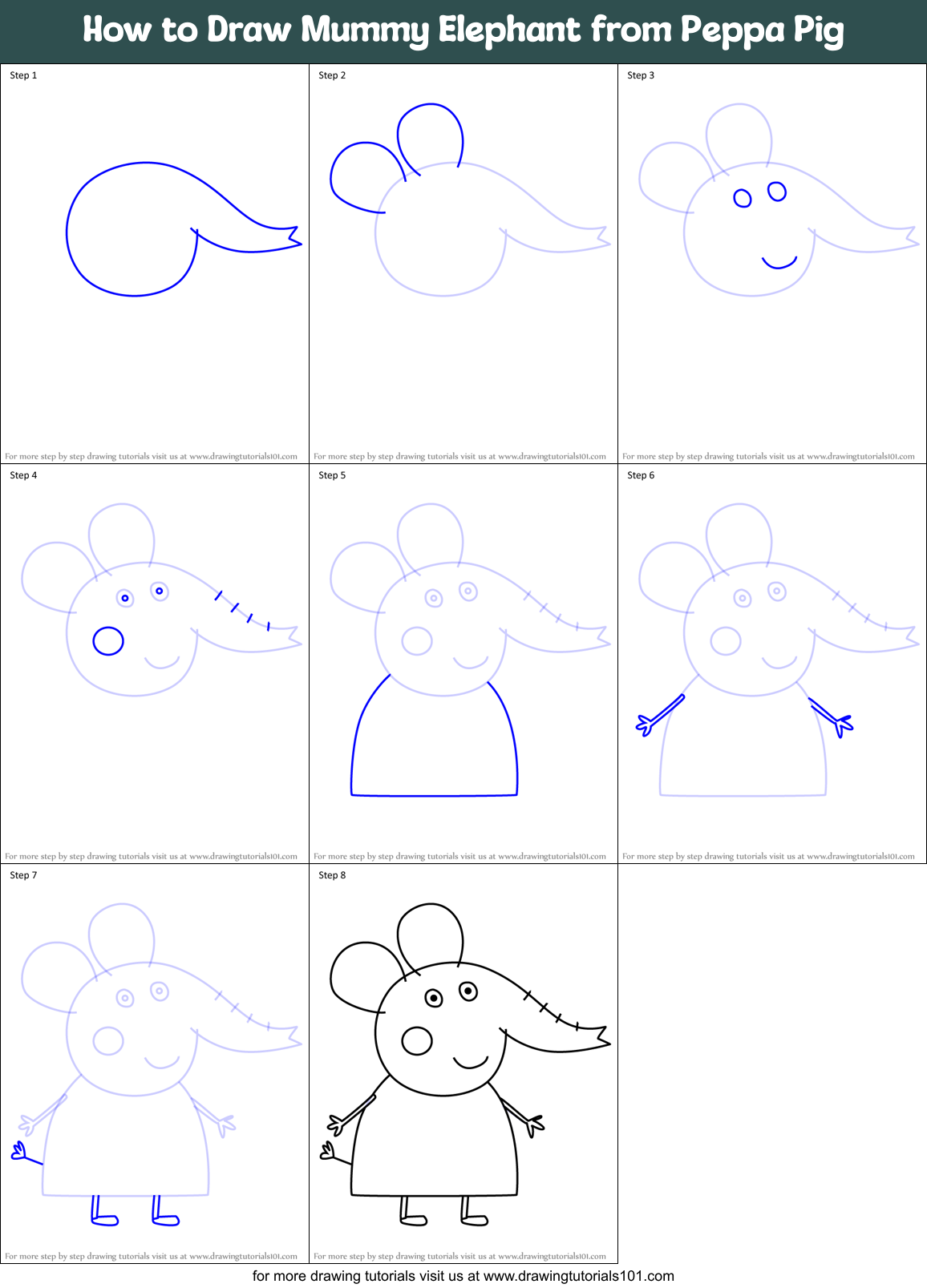How to Draw Mummy Elephant from Peppa Pig Printable Step by Step