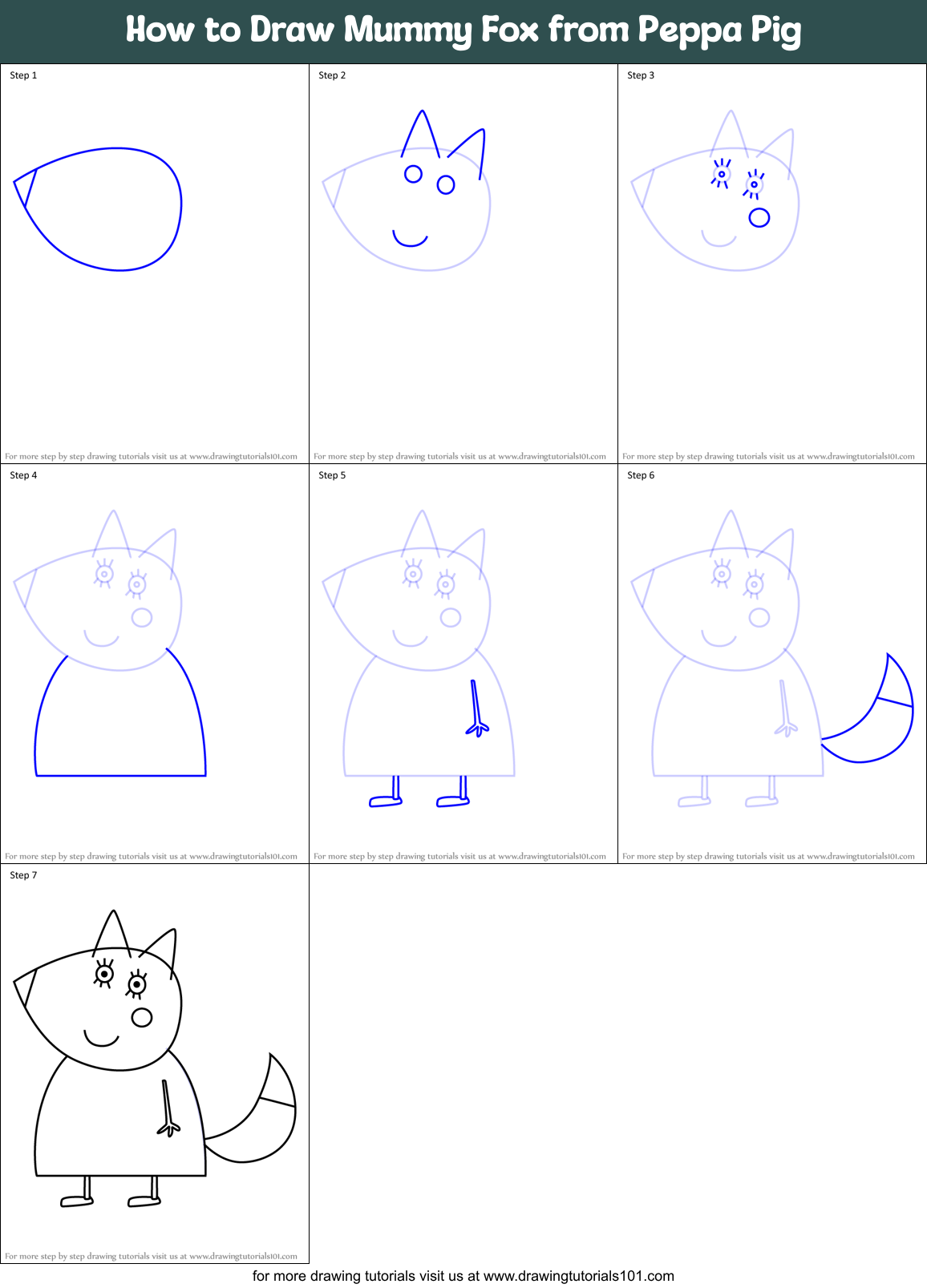 How to Draw Mummy Fox from Peppa Pig Printable Step by Step