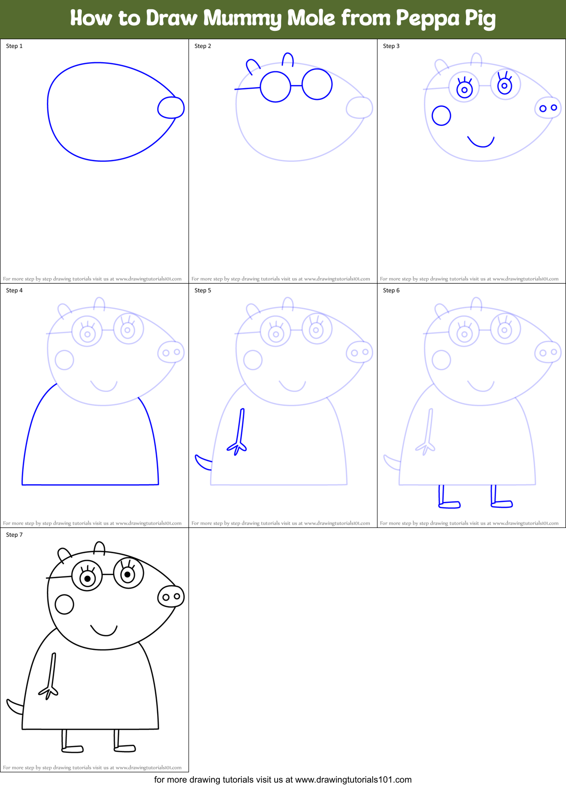 How to Draw Mummy Mole from Peppa Pig Printable Step by Step