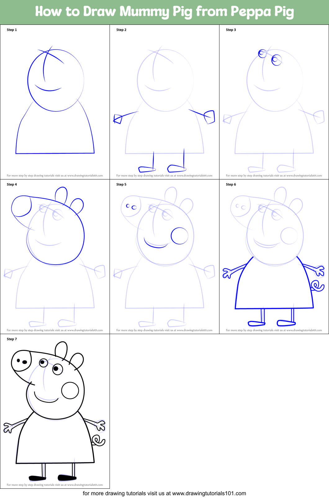 How to Draw Mummy Pig from Peppa Pig Printable Step by Step
