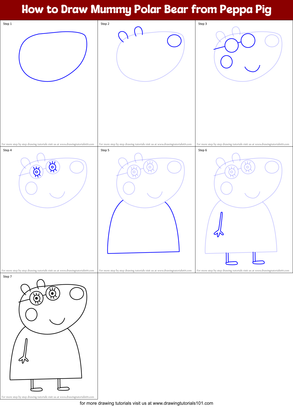 How to Draw Mummy Polar Bear from Peppa Pig Printable Step by Step