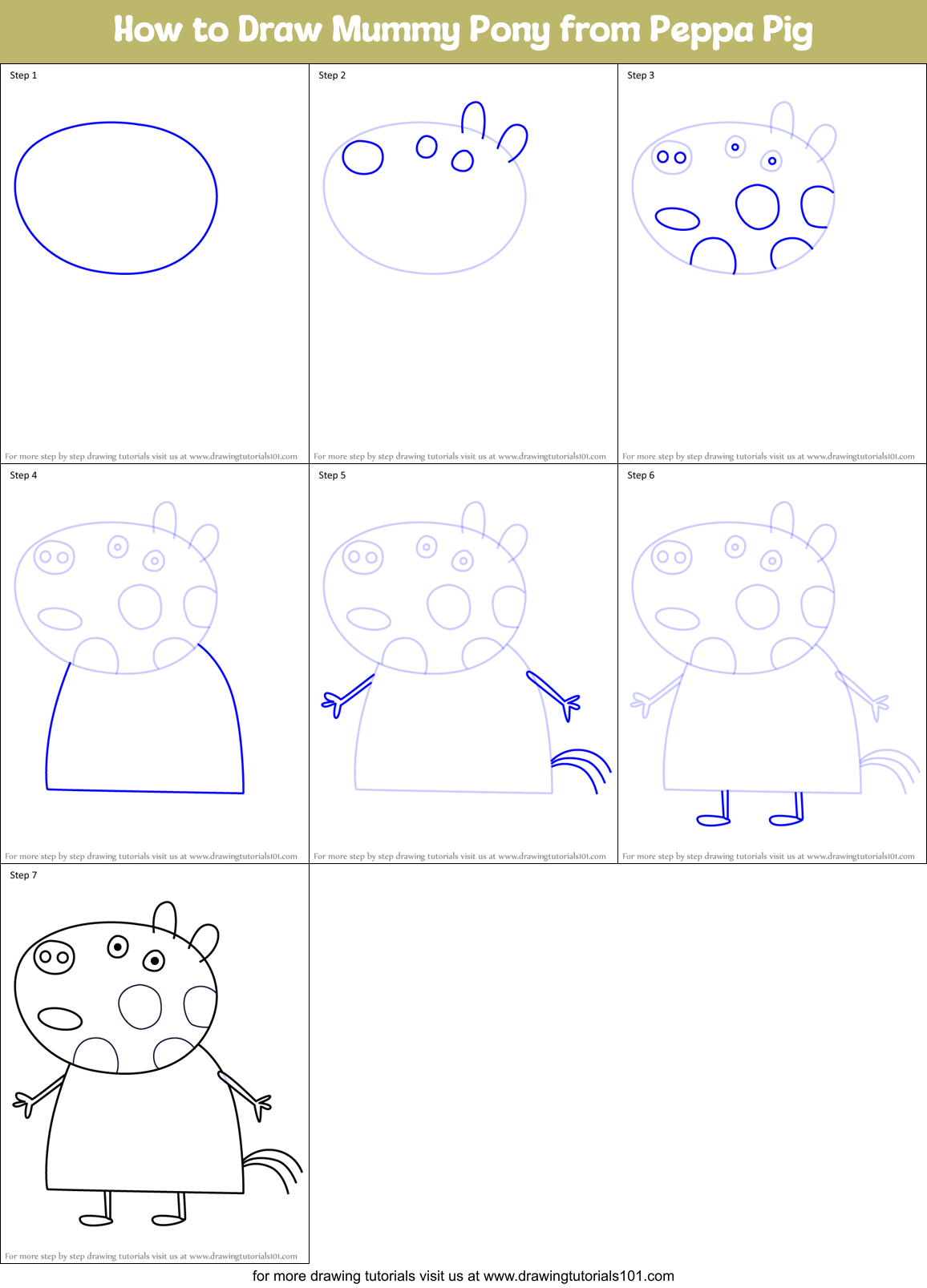 How to Draw Mummy Pony from Peppa Pig Printable Step by Step