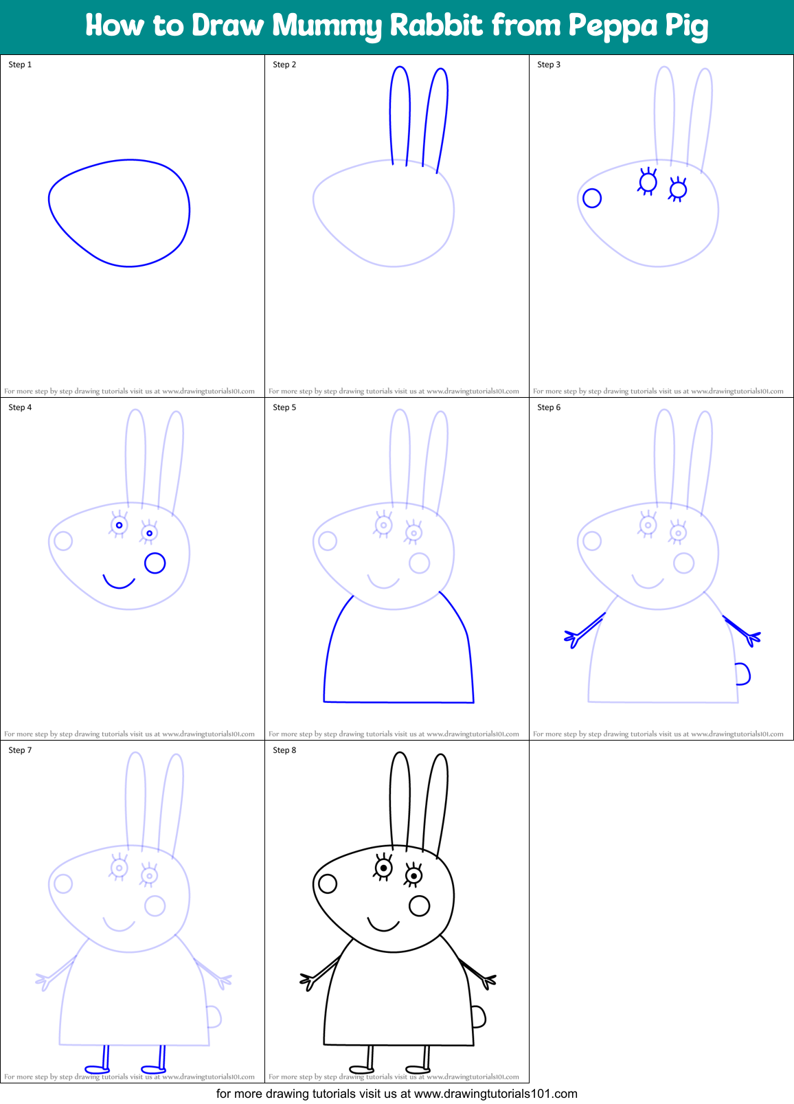 How to Draw Mummy Rabbit from Peppa Pig Printable Step by Step