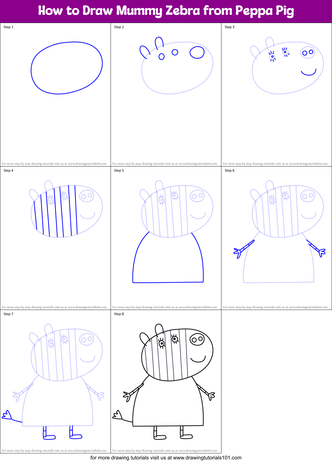 How to Draw Mummy Zebra from Peppa Pig Printable Step by Step