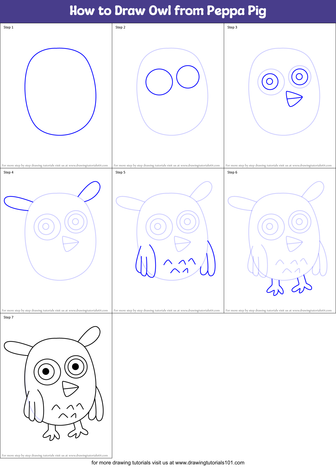 How to Draw Owl from Peppa Pig Printable Step by Step