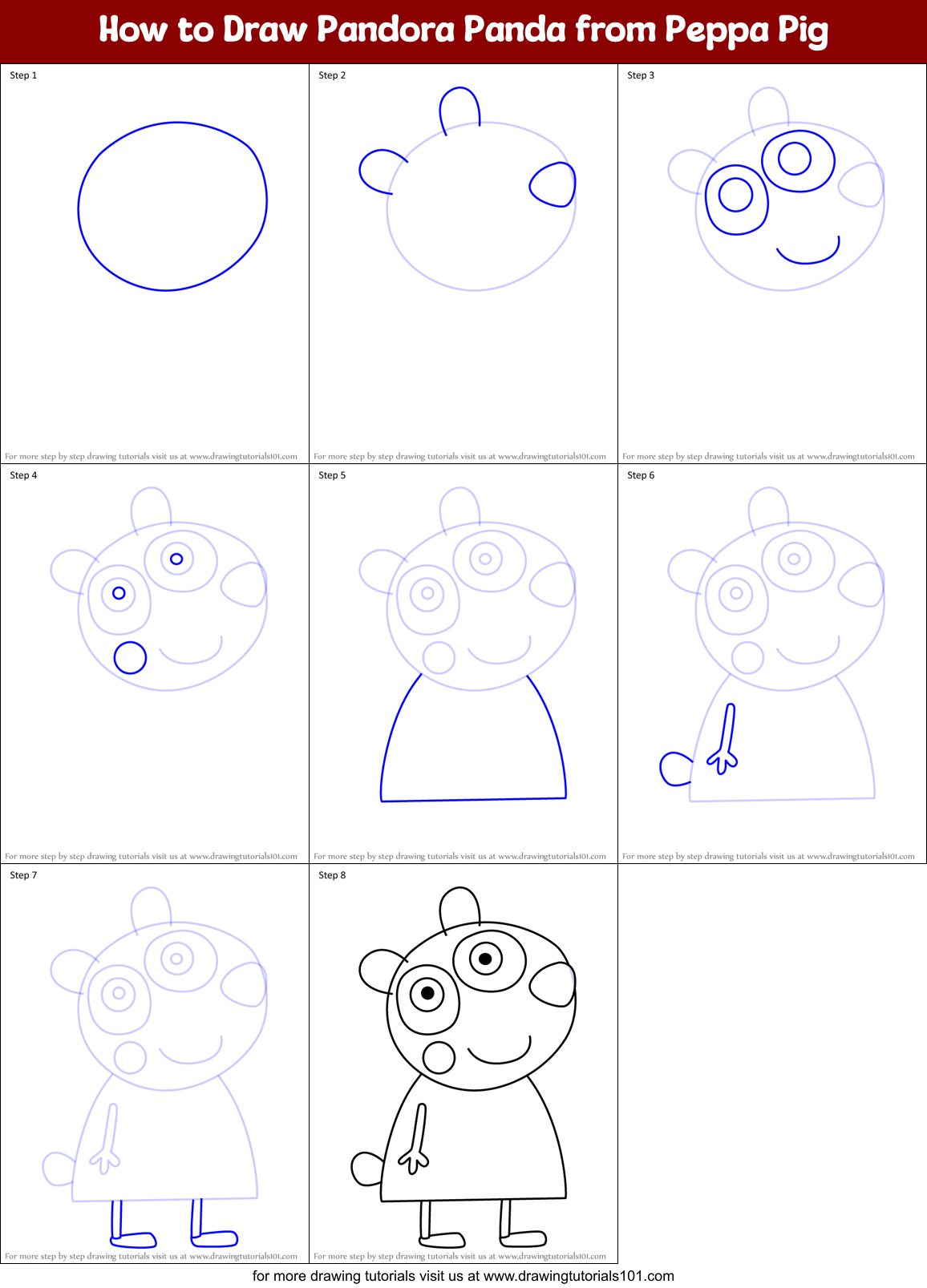 How to Draw Pandora Panda from Peppa Pig Printable Step by Step