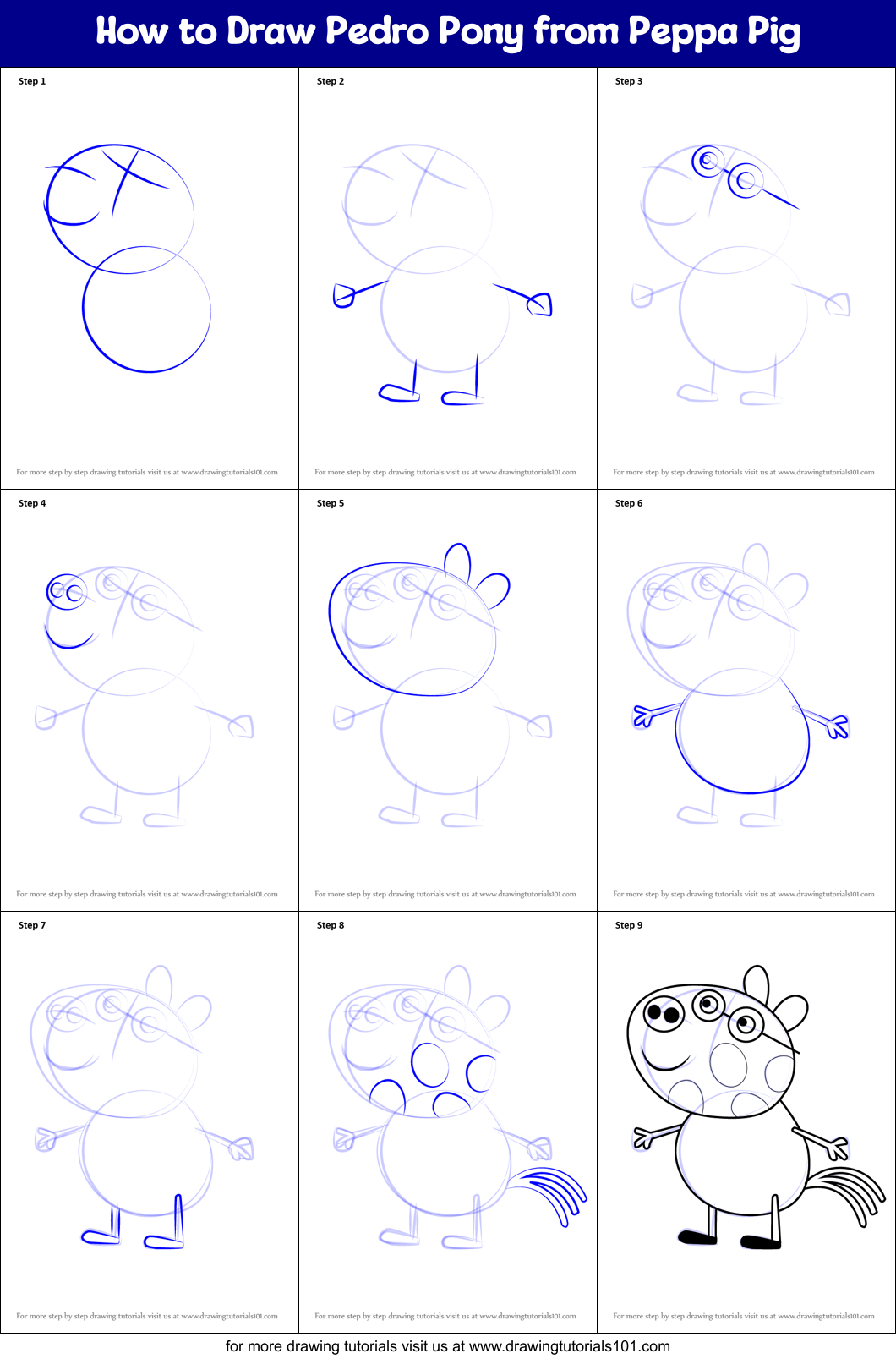 How to Draw Pedro Pony from Peppa Pig Printable Step by Step