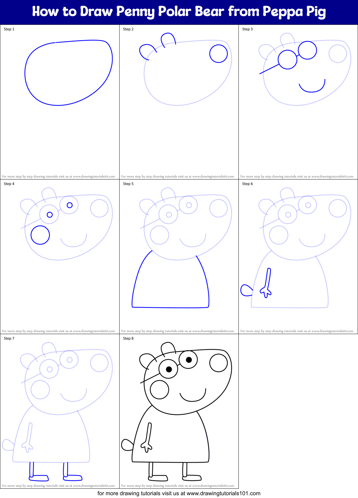 How to Draw Penny Polar Bear from Peppa Pig Printable Step by Step