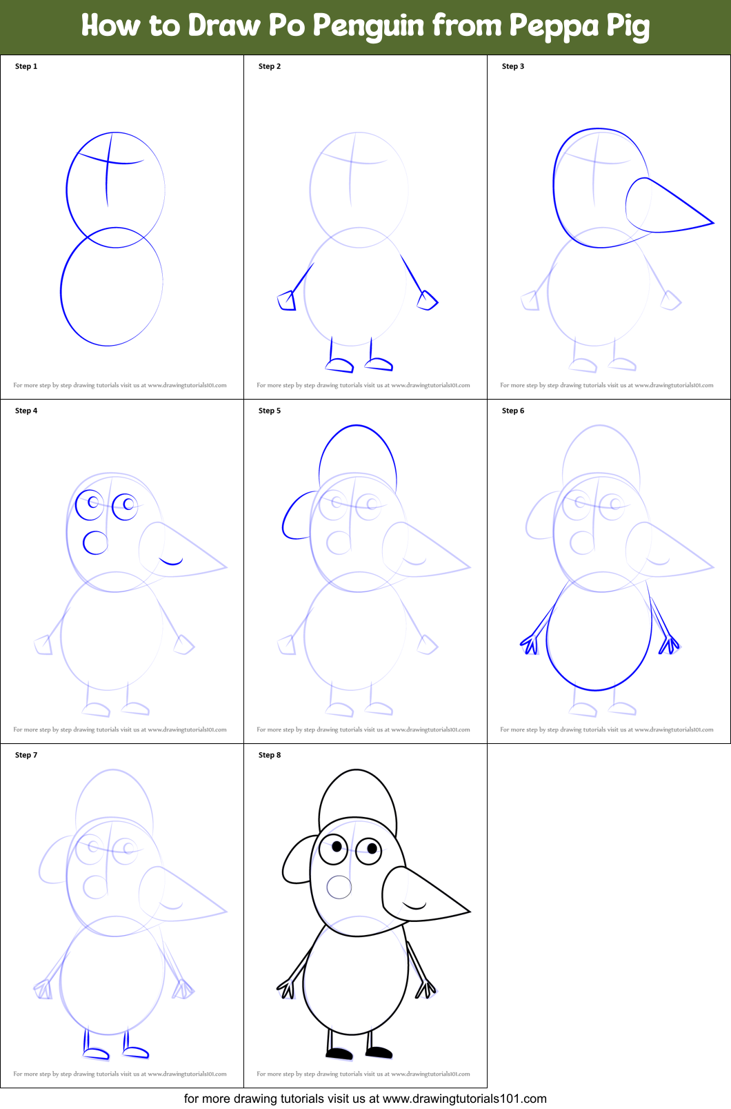 How to Draw Po Penguin from Peppa Pig Printable Step by Step