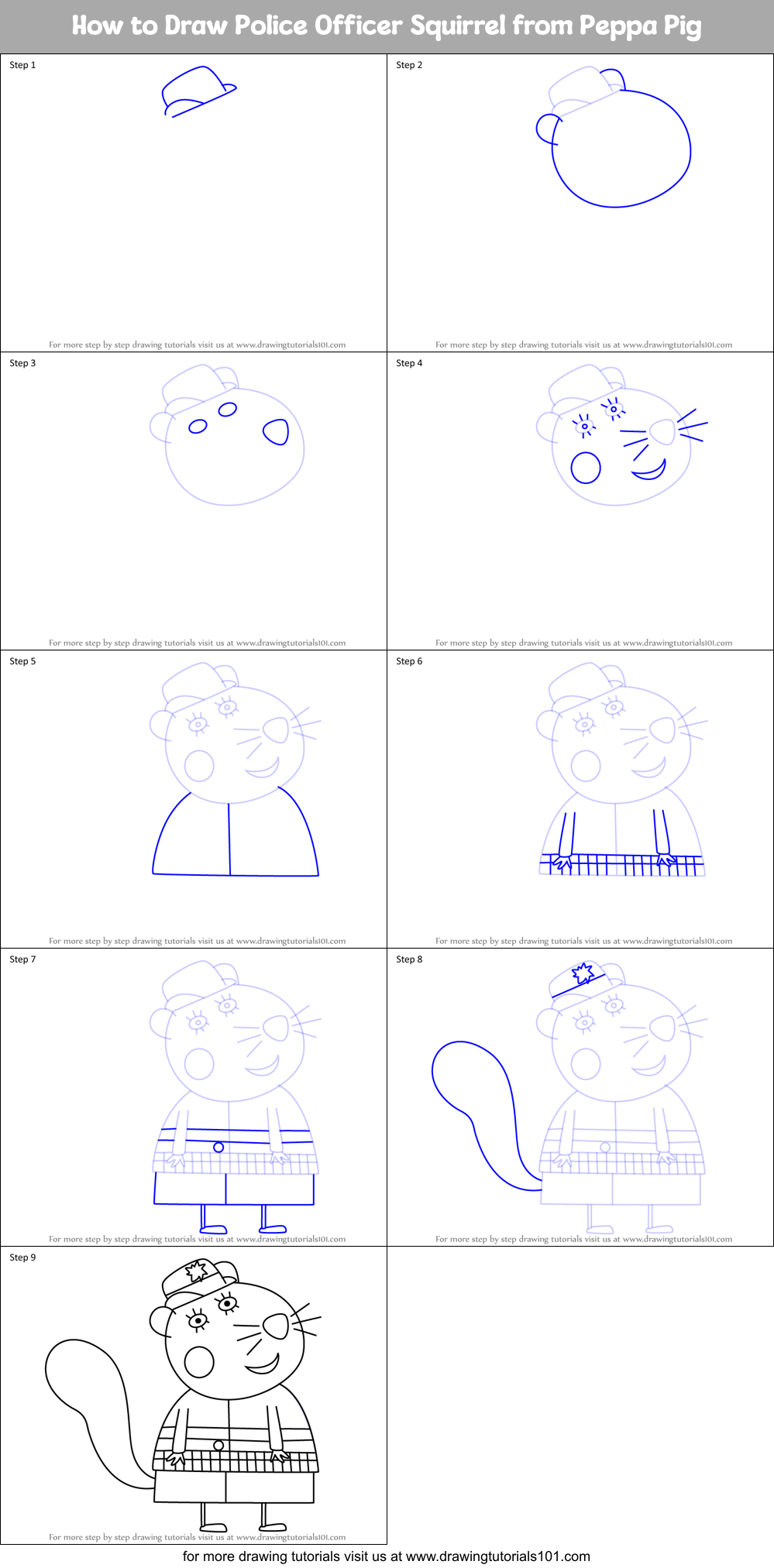 How to Draw Police Officer Squirrel from Peppa Pig Printable Step by Step