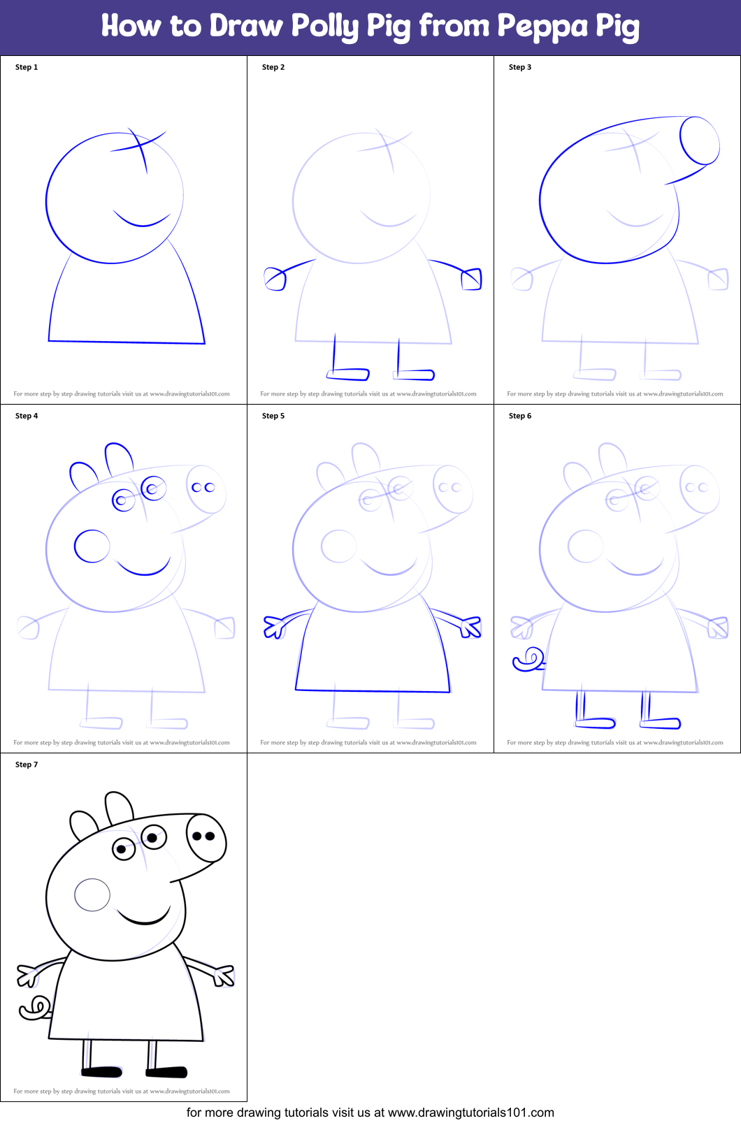 How to Draw Polly Pig from Peppa Pig Printable Step by Step