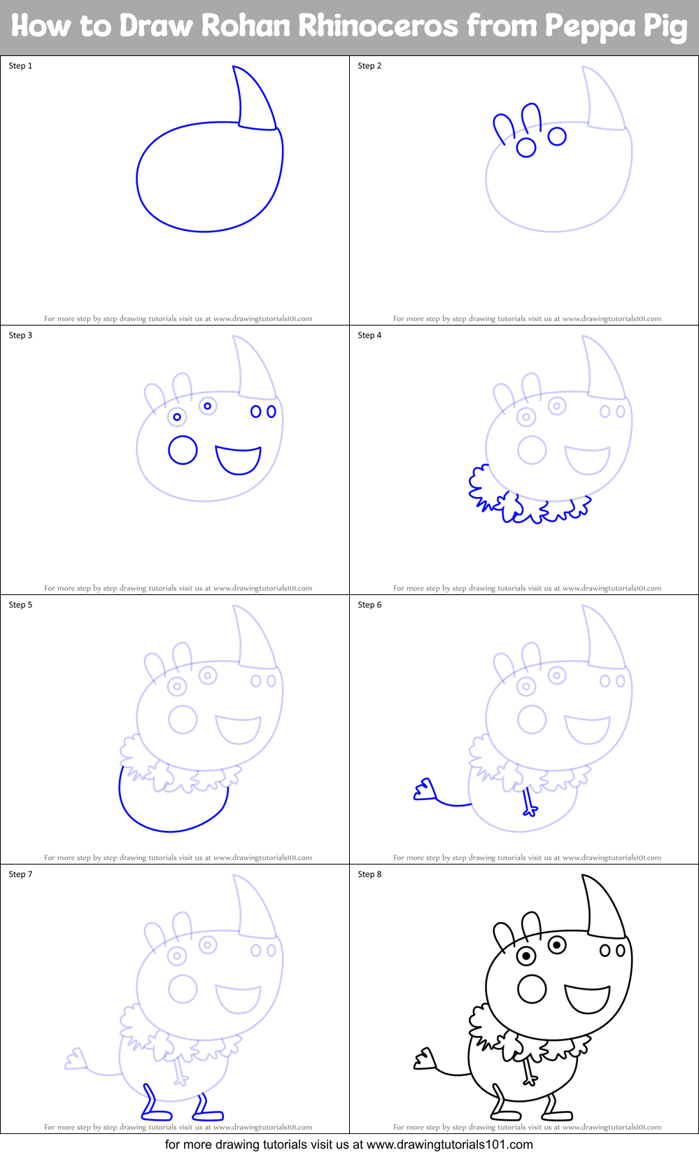 How to Draw Rohan Rhinoceros from Peppa Pig Printable Step by Step