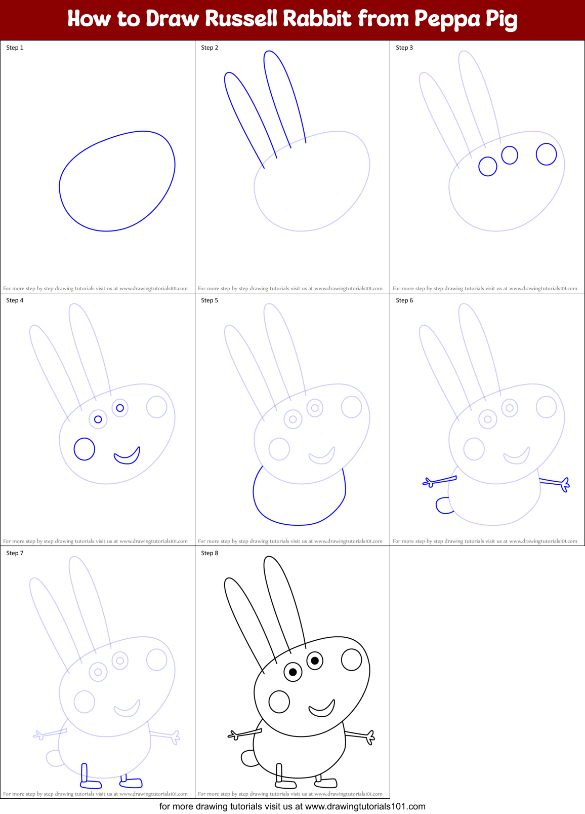 How to Draw Russell Rabbit from Peppa Pig Printable Step by Step