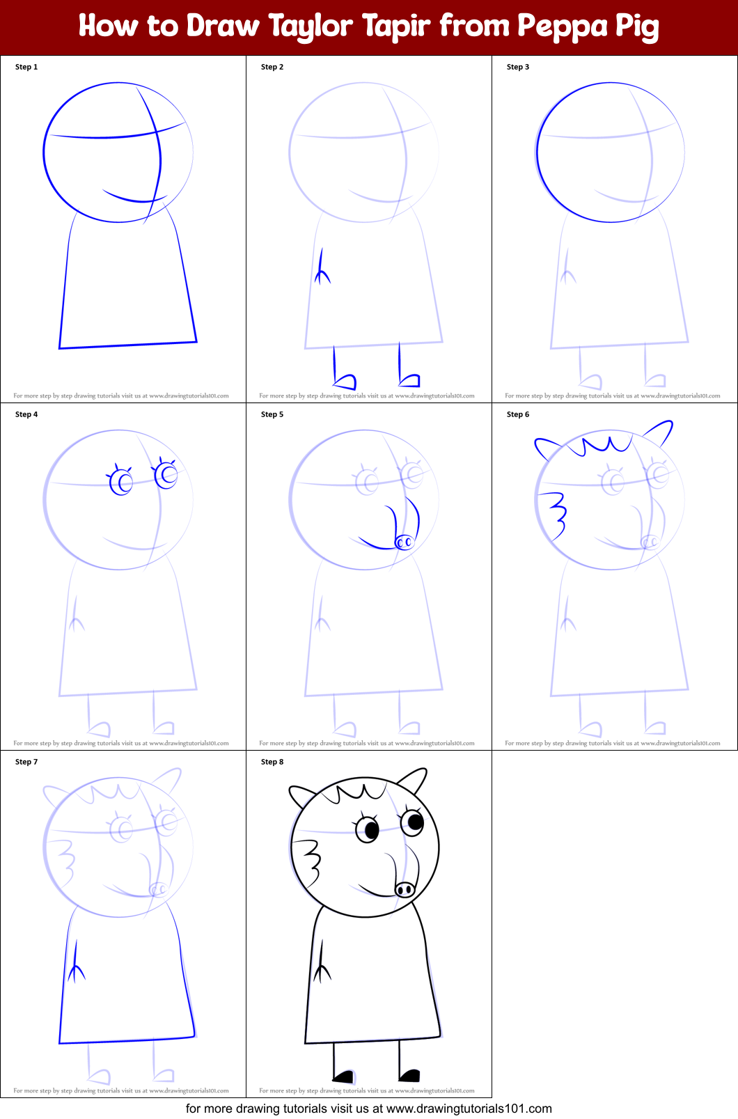 How to Draw Taylor Tapir from Peppa Pig Printable Step by Step