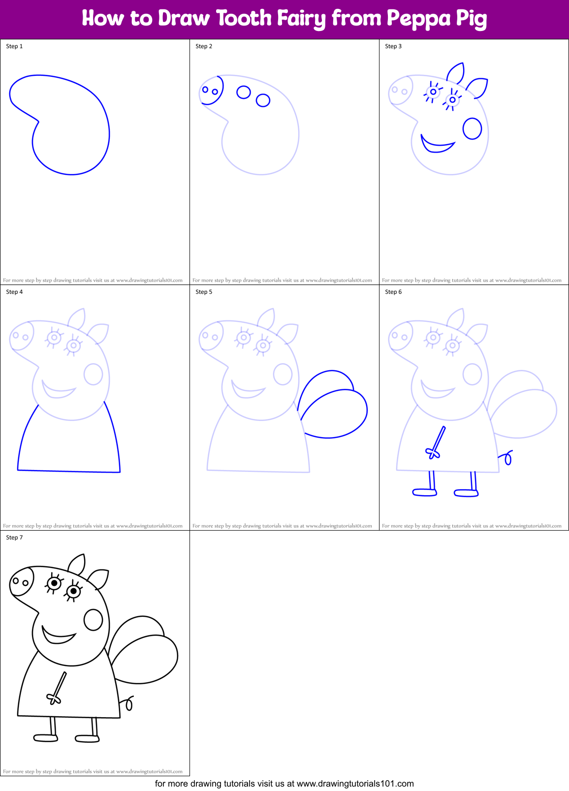 How to Draw Tooth Fairy from Peppa Pig Printable Step by Step